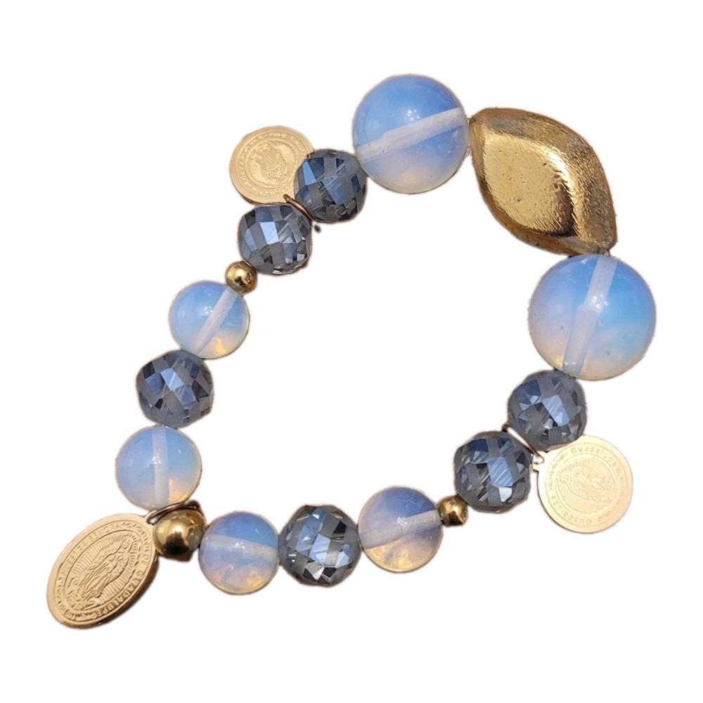 Virgin Mary Guadalupe Medal Charm Bracelet Opalite Look Beads